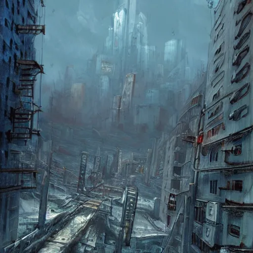 Image similar to post apocalyptic painting of city 1 7 from half - life 2. the citadel is shown towering over the city. highly detailed. painting by esao andrews