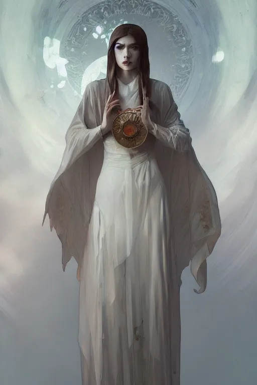 Image similar to pale priestess of the sacral moon full body portrait highly detailed, digital painting, artstation, concept art, smooth and sharp focus, illustration, art by tian zi and wlop and alphonse mucha