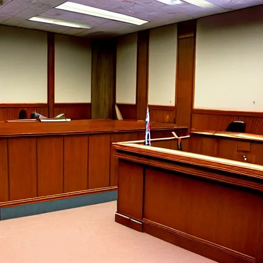 Image similar to jerma 9 8 5, still image of jerma 9 8 5 on trial, courtroom photo, courtroom interior background,