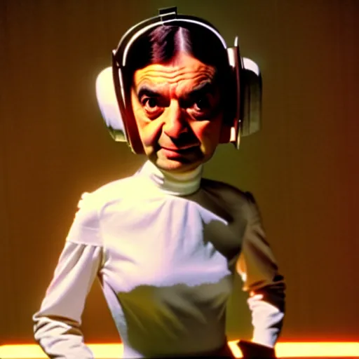 Image similar to mr. bean as princess leia from star wars. movie still. cinematic lighting.