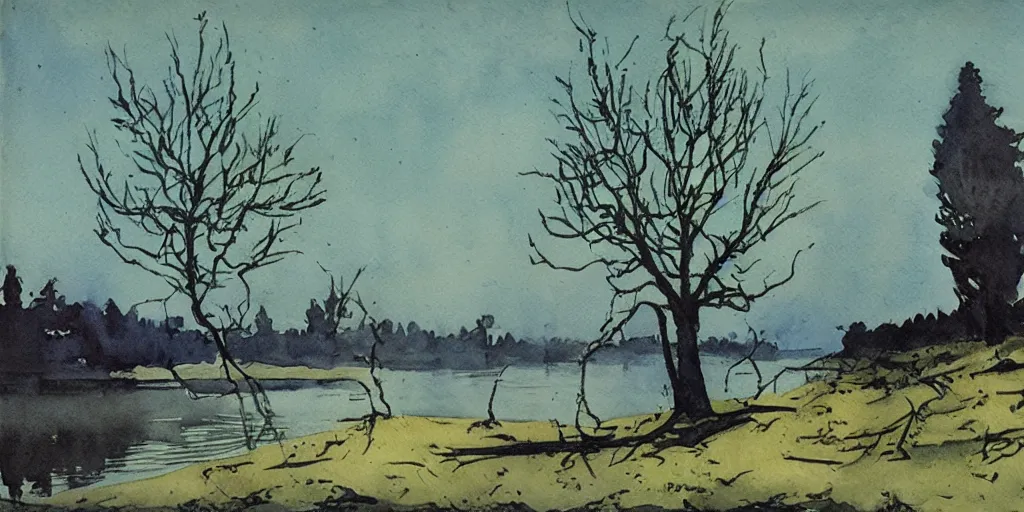 Prompt: watercolor painting of a tree made of iron growing on a riverbank, alexandre benois