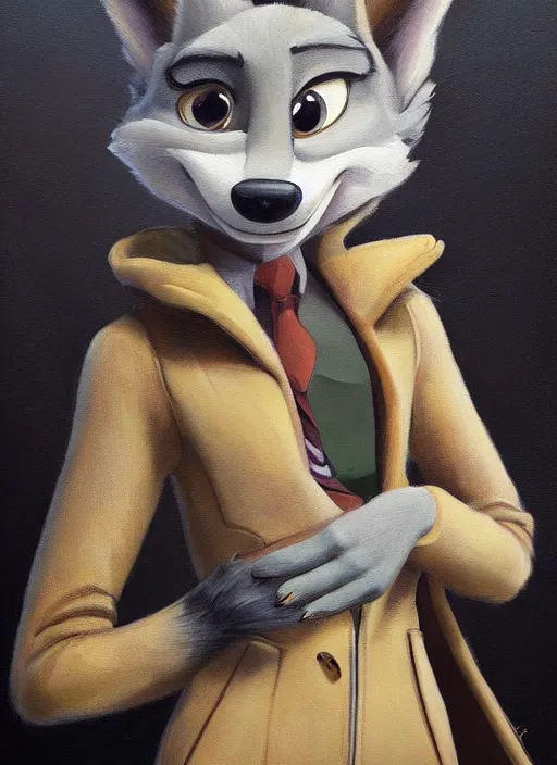 Prompt: oil painting detailed full body of anthromorphic female wolf, in style of zootopia, zootopia, zootopia, fursona, furry, furaffinity, 4 k, deviantart, furry art, fursona art, wearing black business suit, business suit, in style of zootopia, wolf fursona, cyberpunk, female, expressive, detailed feminine face,