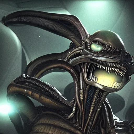 Image similar to alien xenomorph flashed by light, found footage, spaceship mess hall, photorealistic