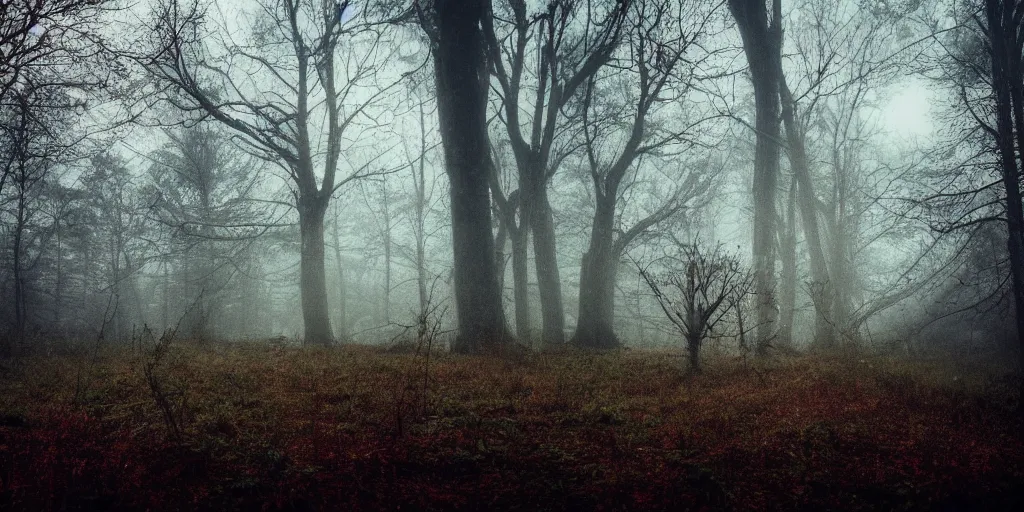 Image similar to abandoned tesla coil in the woods, around everlasting darkness, atmospheric, wide shot, high definition, high detail, foreboding, artstation, foggy