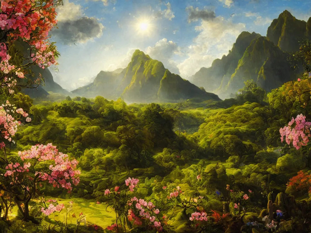 Prompt: kauai in springtime valley vista, sunlight study, by jan davidsz de heem!! and ( ( ( ( ( lisa frank ) ) ) ) ), oil - painting, 3 d render, art nouveau, 8 k, extreme detail, sharp focus, octane render