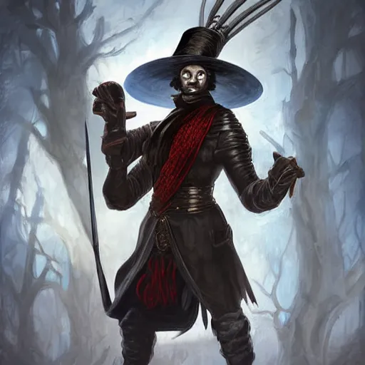 Image similar to Doran, a human warrior in a top hat, 8k resolution, full-length portrait, digital painting, fantasy illustration by Brom, D&D character art