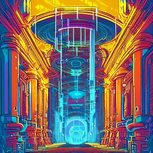 Prompt: cyberpunk portal to a beautiful palace by dan mumford