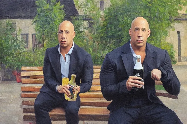 Prompt: vin diesel in an black adidas suite sits on a bench with a bottle of beer in the courtyard of a provincial russian town, oil on canvas, naturalism w