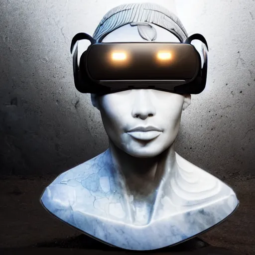 Image similar to the head of a marble cybernetic lady justice statue wearing a virtual reality headset on ground covered in sand, cyberpunk background, highly detailed, epic lighting, hyper photorealism, 8 k