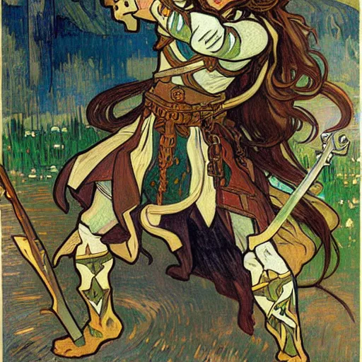 Prompt: painting of elf paladin with long dark hair fighting group of goblins with his sword, wearing armor, modest, lots of goblins, goblins everywhere, art by alphonse mucha, vincent van gogh, egon schiele,