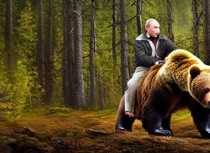 Image similar to putin riding his grizzly bear, in the forest. fantasy magic style. highly detailed 8 k. intricate. nikon d 8 5 0 5 5 mm. award winning photography.