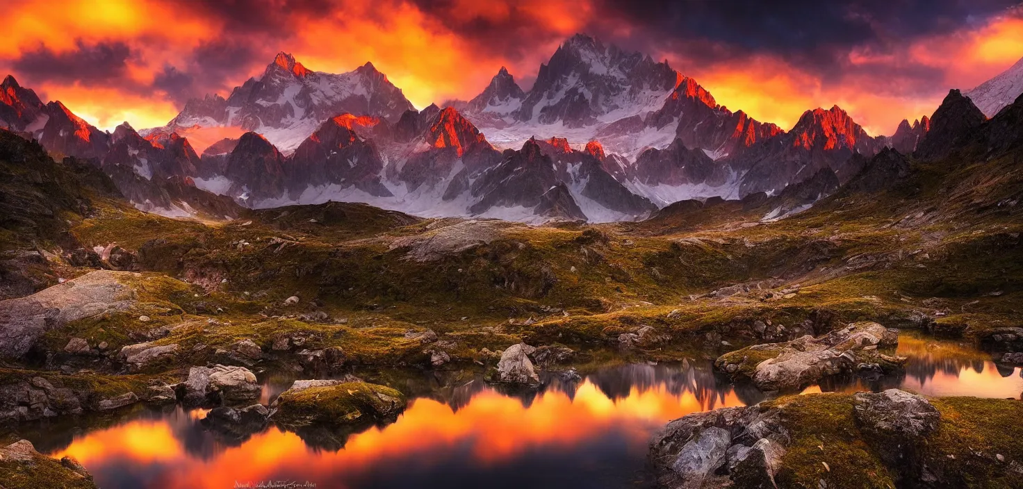 Image similar to amazing landscape photo of mountains with lake in sunset by marc adamus, beautiful dramatic lighting