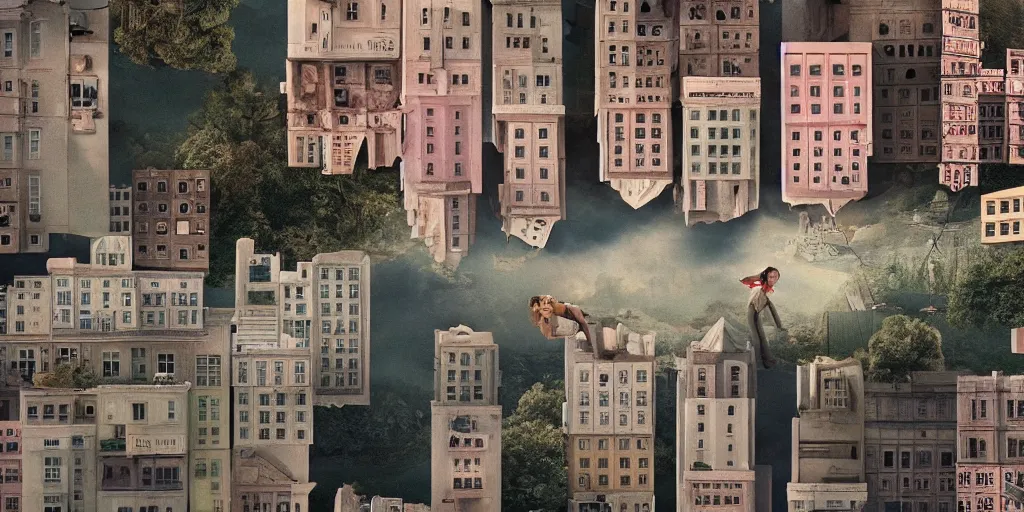 Image similar to a very high resolution image from a new movie, upside - down building, beautiful scenery, photorealistic, photography, directed by wes anderson