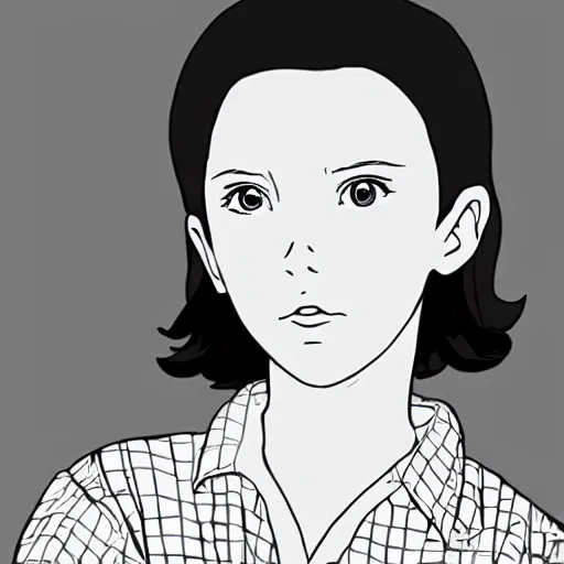 Prompt: Millie Bobby Brown in black and white anime