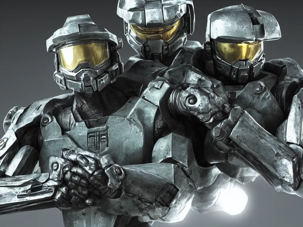 Image similar to master chief with a chef hat on, bust shot, studio photo, 3 d render, unreal engine, stunning scene, hdr, dynamic lighting, chrome, metallic, shiny, reflective, 8 k, hard surfaces