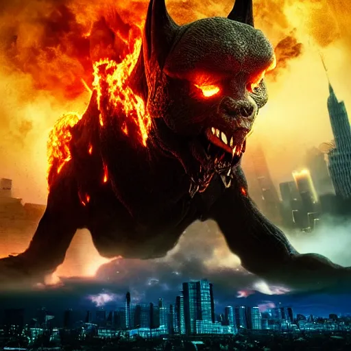 Prompt: Dark powerful creature all on fire with only one eye, destroying city, realistic photo, high detailed