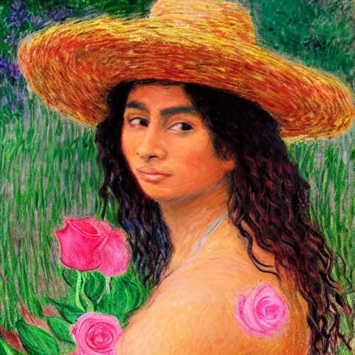 Image similar to beautiful tan mexican woman, full body, dancing in a field of roses and many other exotic flowers, prominent rosy cheek bones, black hair and brown eyes, monet and da vinci art style,