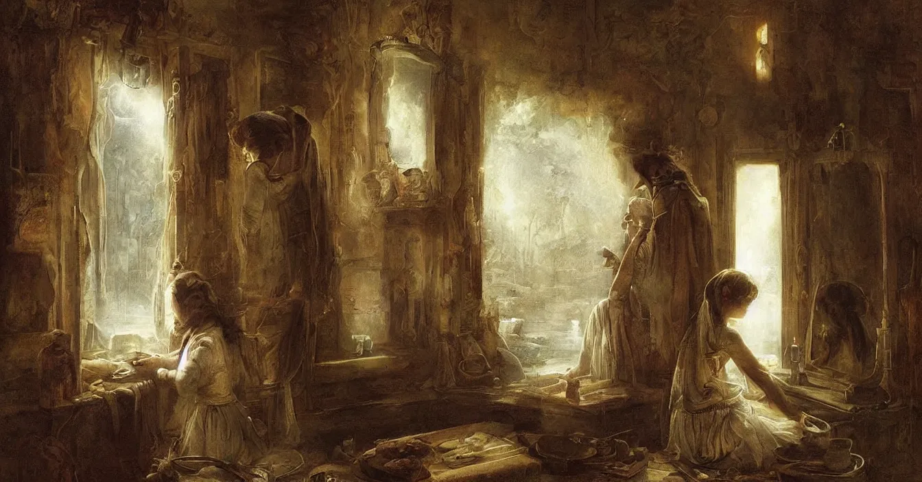 Image similar to secret world behind mirror with very deep stillness atmosphere, dimension of still moment, spiritual style, digital art, by augustus edwin mulready