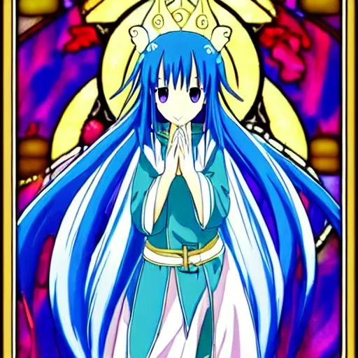 Prompt: rimuru tempest from that time i got reincarnated as a slime, long blue hair, stained glass, style of stained glass, baroque, holy, sacred,