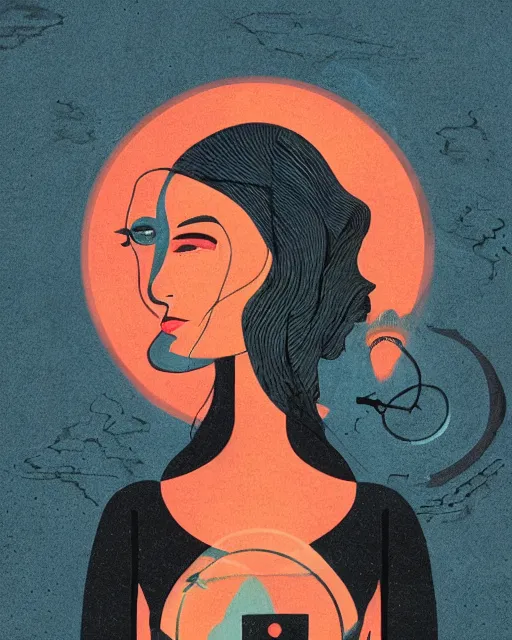 Image similar to retro dark vintage sci - fi. 2 d matte dark gouache illustration in a mystical style. a woman in a river holding two vases. symmetrical face.