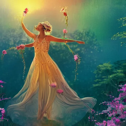 Image similar to summer scene of a spirit of a woman composed by the exquise blossom of flowers, dances in the air majestically, breathtaking, intricate, elegant, beautiful, exotic, fantasy, concept art, digital art, magical scene, cinematic, golden hour, rich moody colors, 8 k, hi - res, uhd