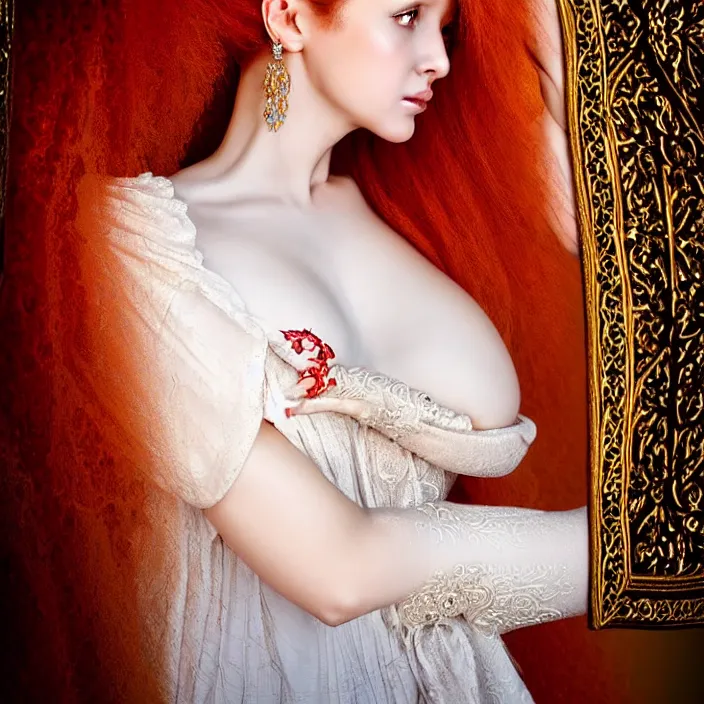 Prompt: photo portrait of a beautiful woman like a queen-ethereal-angel, dressed in long elegant intricate ornamental baroque white dress, natural skin tone, intricate fractal highly detailed baroque ornament in the upper side of breast, bust with a very long neck , elegant, highly detailed intricate baroque ornament in her red hair, Realistic, Refined, Highly Detailed, Cinematic Lighting, fine art photography by Paolo Roversi, volumetric studio lighting, hyper realistic photography