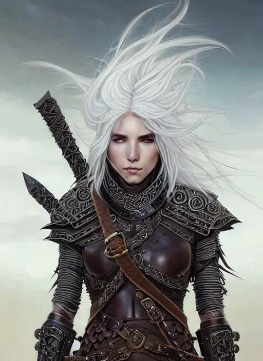Image similar to warrior, leather armor!!! long wild white hair!! covered chest!!! fantasy, d & d, intricate ornate details, digital painting, pretty face!!, symmetry, concept art, sharp focus, illustration, art by artgerm! greg rutkowski magali villeneuve wlop! ilya kuvshinov!!, octane render