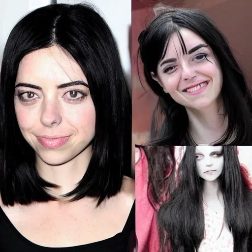 Prompt: a girl with long black hair her face is a mix between aubrey plaza, krysten ritter, lucy hale and maisie williams