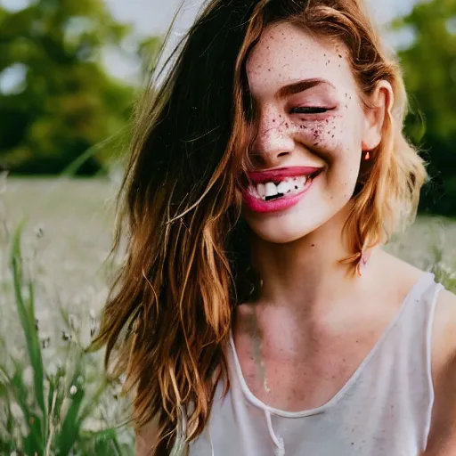 Image similar to a trending photo of over a million views from a female fashion model's instagram account, summer, freckles, smile, green eyes, natural, easygoing, healthy, nikon, leica, zeiss, 5 0 mm lens, flash fill, f 1. 8 depth of field