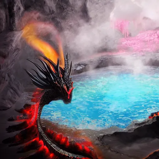 Prompt: a black dragon in the middle of a colorful geothermal hotspring in a cavern, featured on artstation