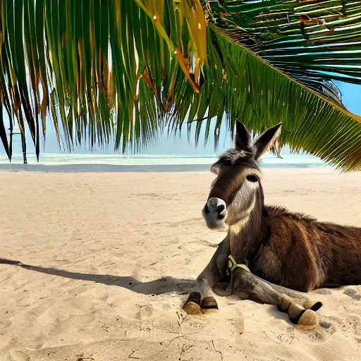 Prompt: donkey on a sunbed, tropical background