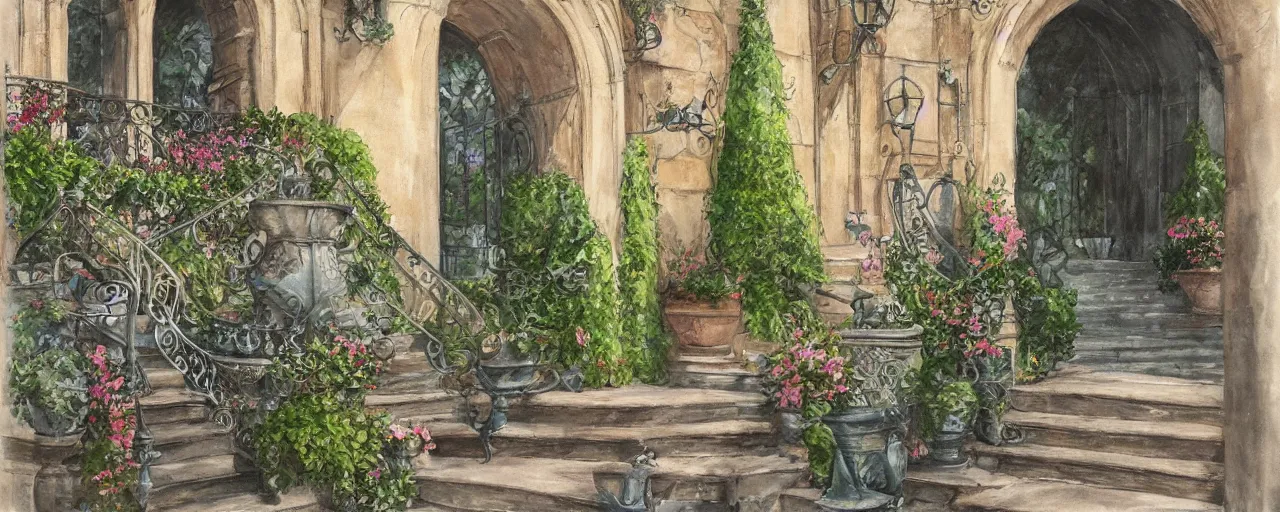 Prompt: courtyard walkway, fountain, castle, stairway, chairs, wrought iron, gate, botanic garden, botanical herbarium paper, oil colored painting, iridescent colors, realistic shaded, fine, artstation, italian style, colonnade ornate headdress, craving, carved, insanely detailed