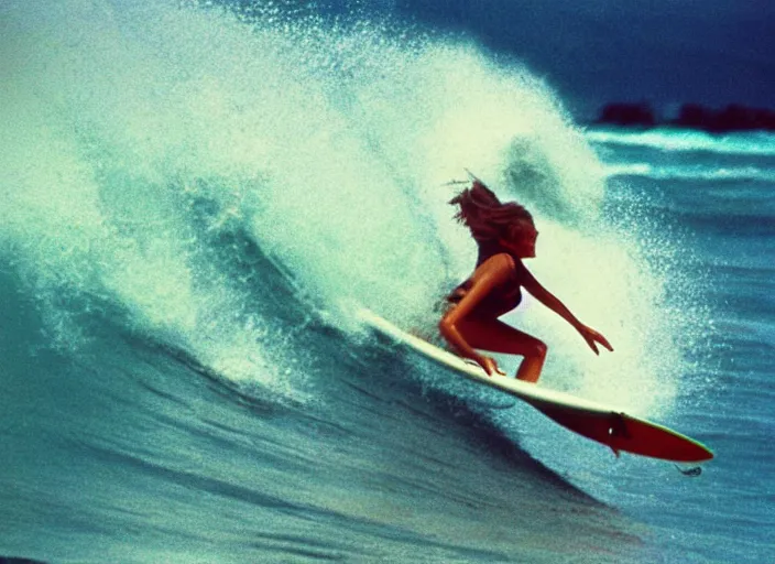 Image similar to color photo. surfer girl riding a big wave in the 8 0's. sharkfins in the water