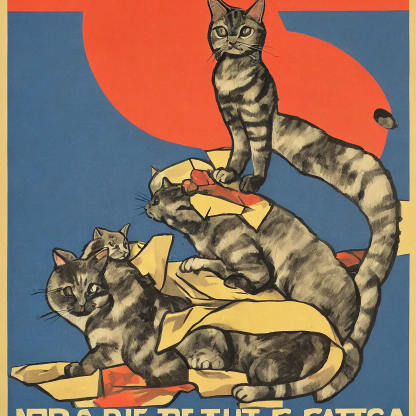 Image similar to propaganda poster with a cat as the centerpiece