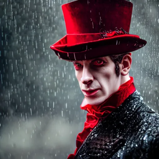 Image similar to cinestill 5 0 d candid photographic portrait by david cronenberg of baroque steampunk cyborg gentleman wearing a red edwardian suit and top hat, floral growths, modern cyberpunk moody emotional cinematic, closeup, pouring rain menacing lights shadows, 8 k, hd, high resolution, 3 5 mm, f / 3 2, ultra realistic faces, ex machina