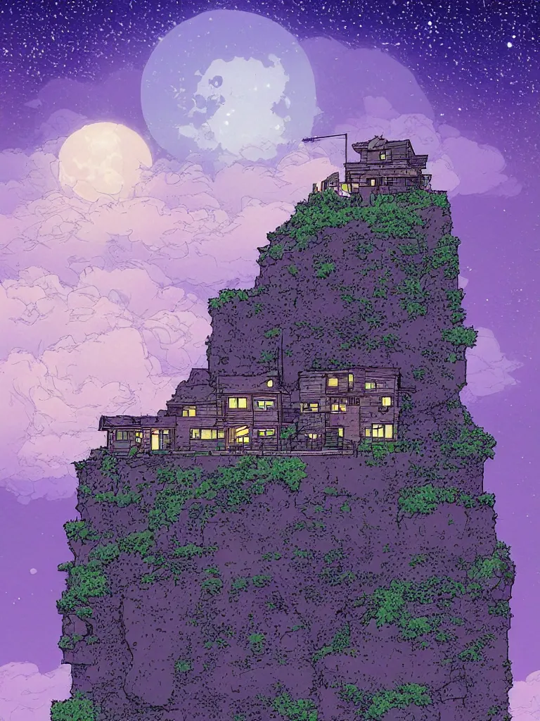 Prompt: a digital art of a small house on the cliff, a huge icy blue moon, a purple sky full of small stars, by laurie greasley, artstation, studio ghibli color scheme