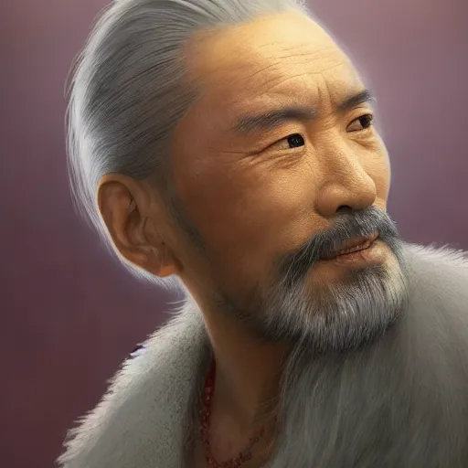 Image similar to portrait painting of a 6 0 year old kind handsome taoist priest, big eyes, deep silhouette ， silver ponytail hair, amiable by yangjun chen, huang guangjian, fenghua zhong, wenjun lin, nadar, bright colors, octopath traveler, unreal engine 5 highly rendered, global illumination, radiant light, detailed and intricate environment