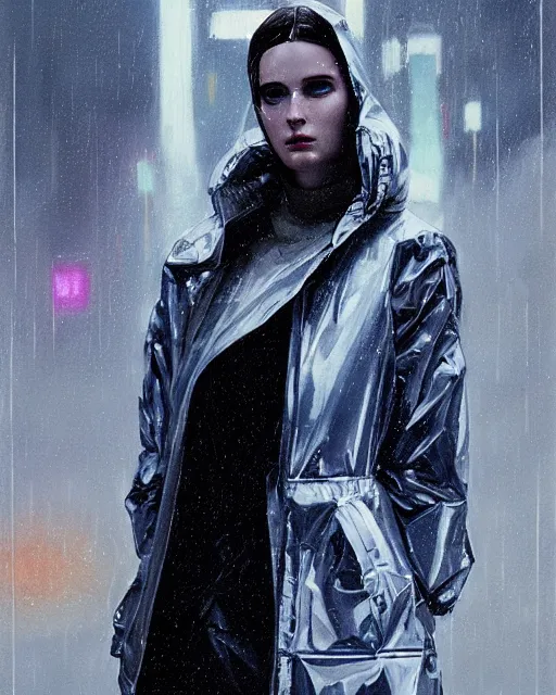 Prompt: detailed portrait kodak portra 800; grainy film European Pretty Young Girl Storm Rain bladerunner movie Reflective jacket coat, Futuristic sci-fi fashion, royal attire by ismail inceoglu dragan bibin hans thoma greg rutkowski Alexandros Pyromallis Nekro Rene Margitte illustrated Perfect face, fine details, realistic shaded, fine-face, pretty face