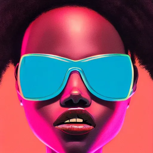 Image similar to Lupita Nyongo wearing opaque reflective goggles profile picture by Greg Rutkowski, brown skin, long afro hair, asymmetrical, futuristic, neon volumetric lights, cool colors, streetwear, studio ghibli, Organic Painting , Matte Painting, geometric shapes, hard edges, street art, trending on the artstation, fantasy LUT, realistic by Sachin Teng + Martin Grip + Moebius, techwear, Industrial Scifi, detailed illustration, character portrait,