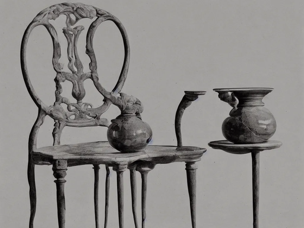 Prompt: renaissance marble chair with vase, pot, jug. karl blossfeldt, salvador dali