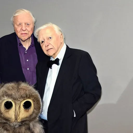 Image similar to Sir David Attenborough next to a small Mothman