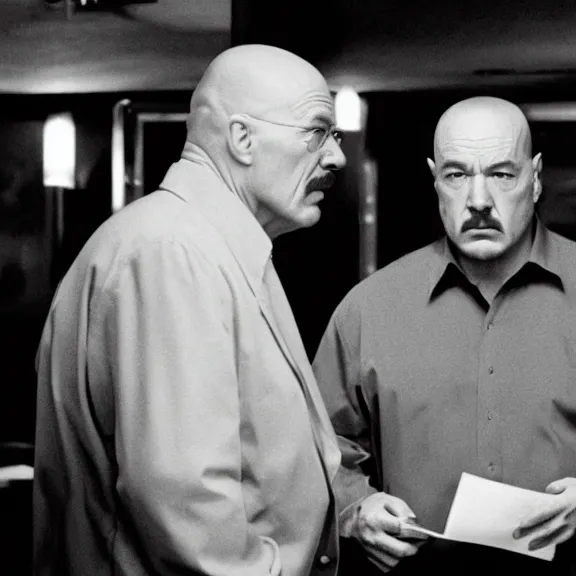 Image similar to Still of Walter White in The Sopranos at the Bada Bing talking with Tony Soprano, dark lighting