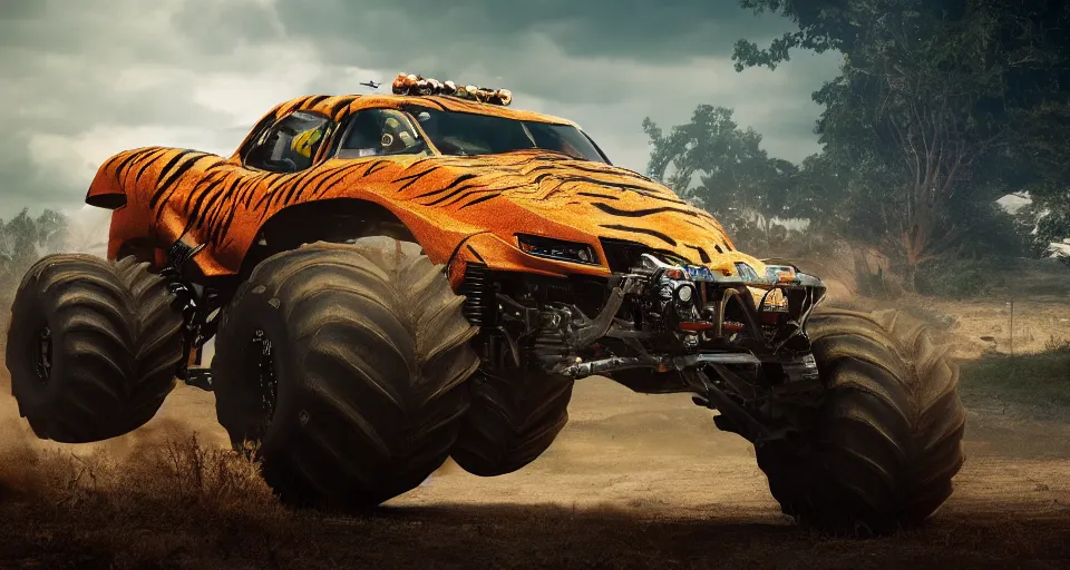 Prompt: Monster truck tiger, PC Wallpaper, stunning photo, cinematic lighting, perfect composition, 8K, ultra-detailed , Trending on artstation, Octane render, Unreal Engine, highly detailed,