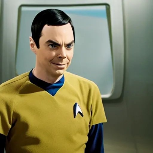 Prompt: Movie still of Jim Parsons as Spock from Star Trek