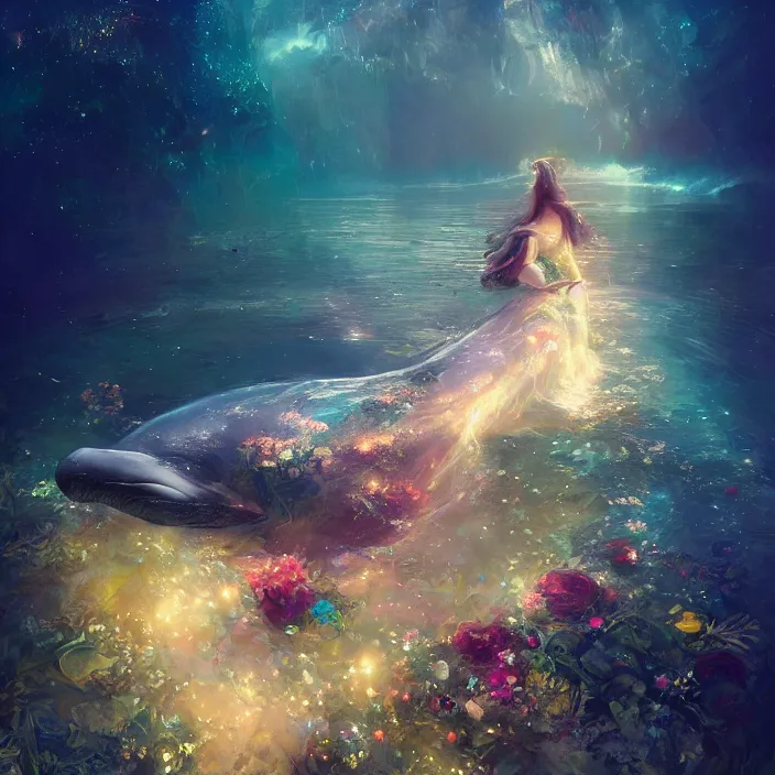 Prompt: glimmering whale, flowing dress, flowers, cosmos, milky way galaxy, golden hour, god rays, coral reef, dreamscape by artgerm and ruan jia and ismail inceoglu and greg olsen, masterpiece, beautiful, intricate, elegant, highly detailed