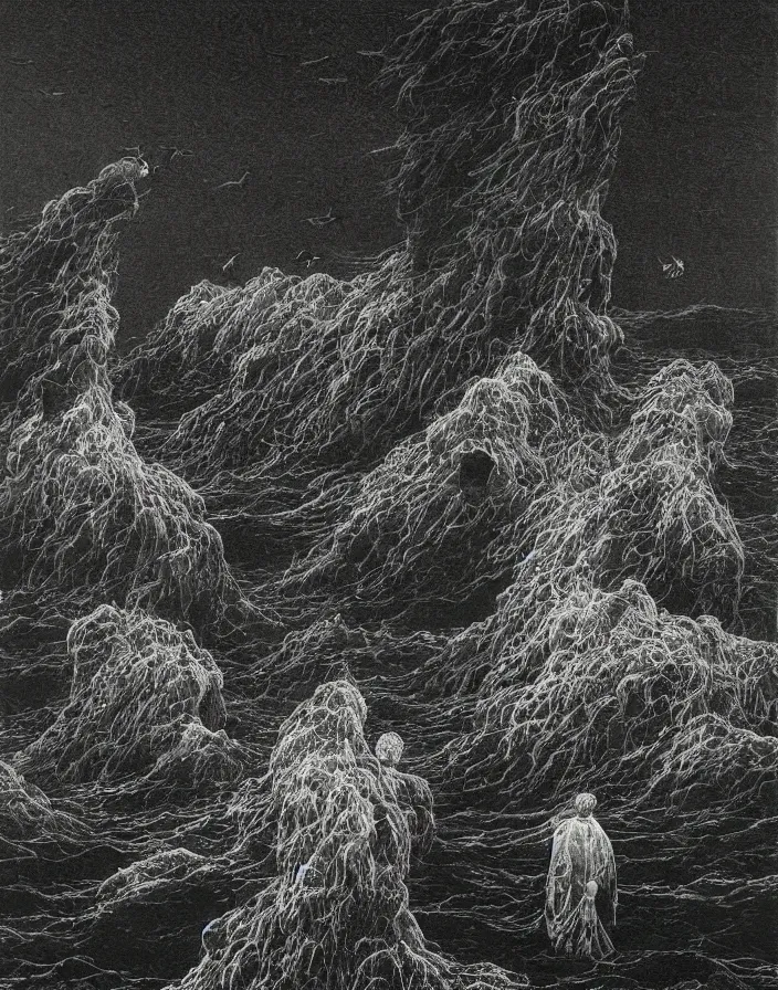 Prompt: worshippers in robes belonging to the cult of the lighthouse standing in waves with ravens flying overhead, a lighthouse, ravens, high detailed beksinski painting, part by adrian ghenie and gerhard richter. art by takato yamamoto. masterpiece, dark and moody, deep colours