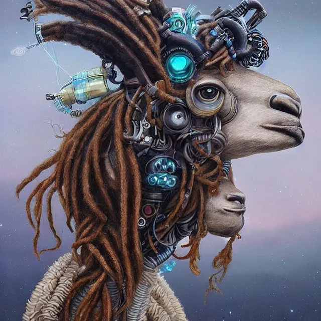 Image similar to llama with dreadlocks, industrial sci-fi, by Mandy Jurgens, Ernst Haeckel, James Jean