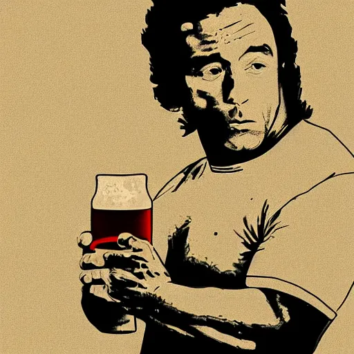 Prompt: joe rogan holding a glass of beer, digital art