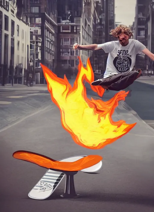 Prompt: a barista skateboarding over a flaming latte, photorealistic