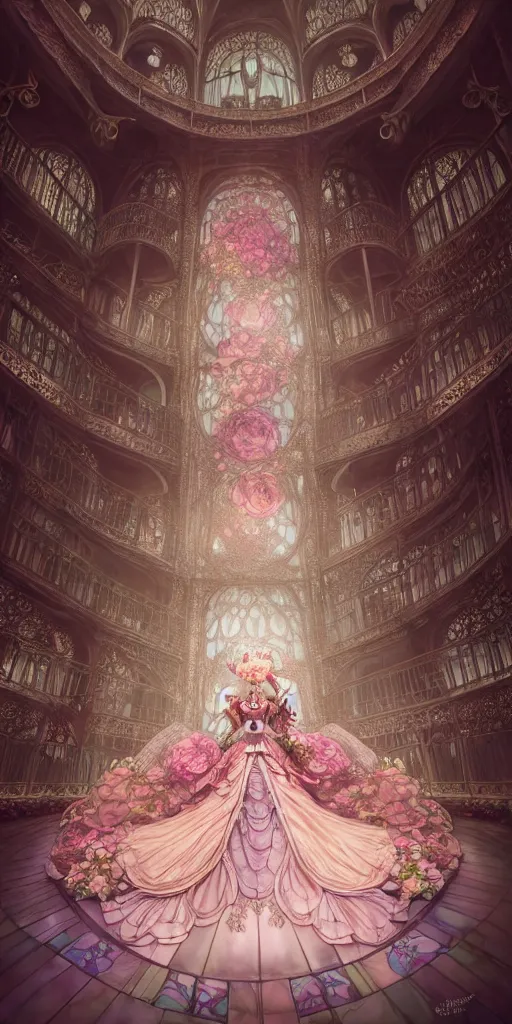 Prompt: the beautiful hyperdetailed physical rendering of a single rose wedding gothic lolita dress clothing design display in exhibition hall, perfectly shaded, atmospheric lighting, in the style of makoto shinkai louis comfort tiffany and louis comfort tiffany stanley artgerm lau wlop rossdraws beeple, surrealistic style, 8 k hd, 3 drender